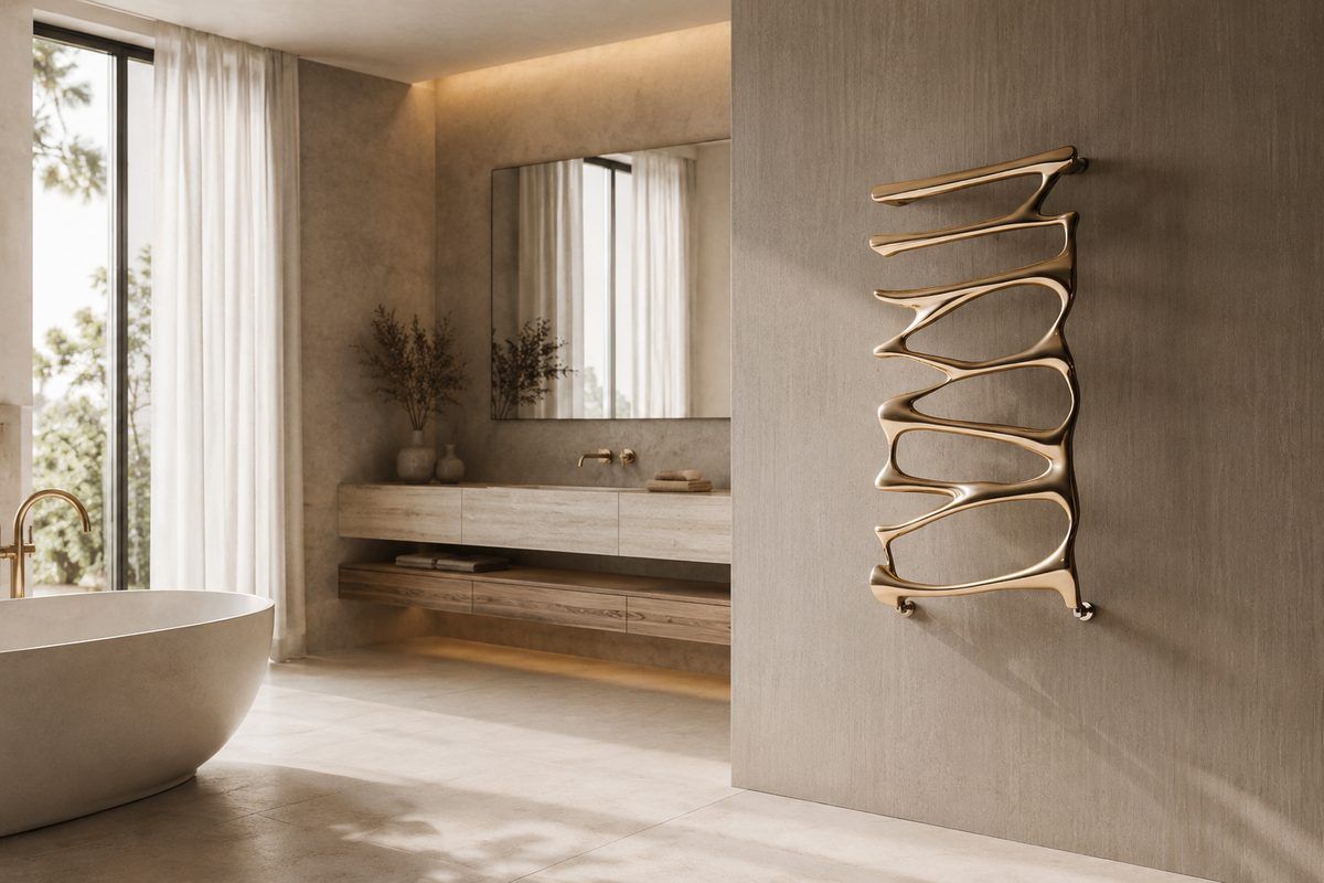 A P&Bhusri wall-mounted electric heated towel warmer shown in a modern bathroom setting