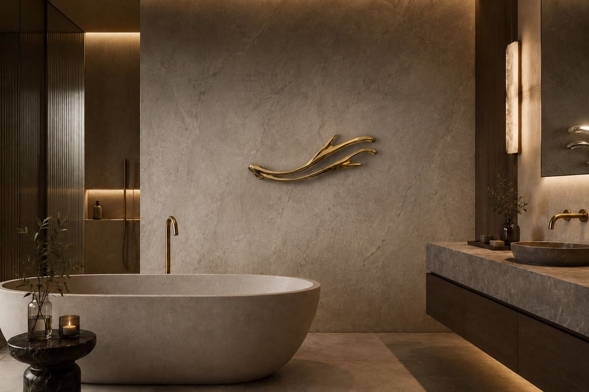 Golden Antlers by P&Bhusri, shown as a wall-mounted luxury art towel warmer for a designer bathroom