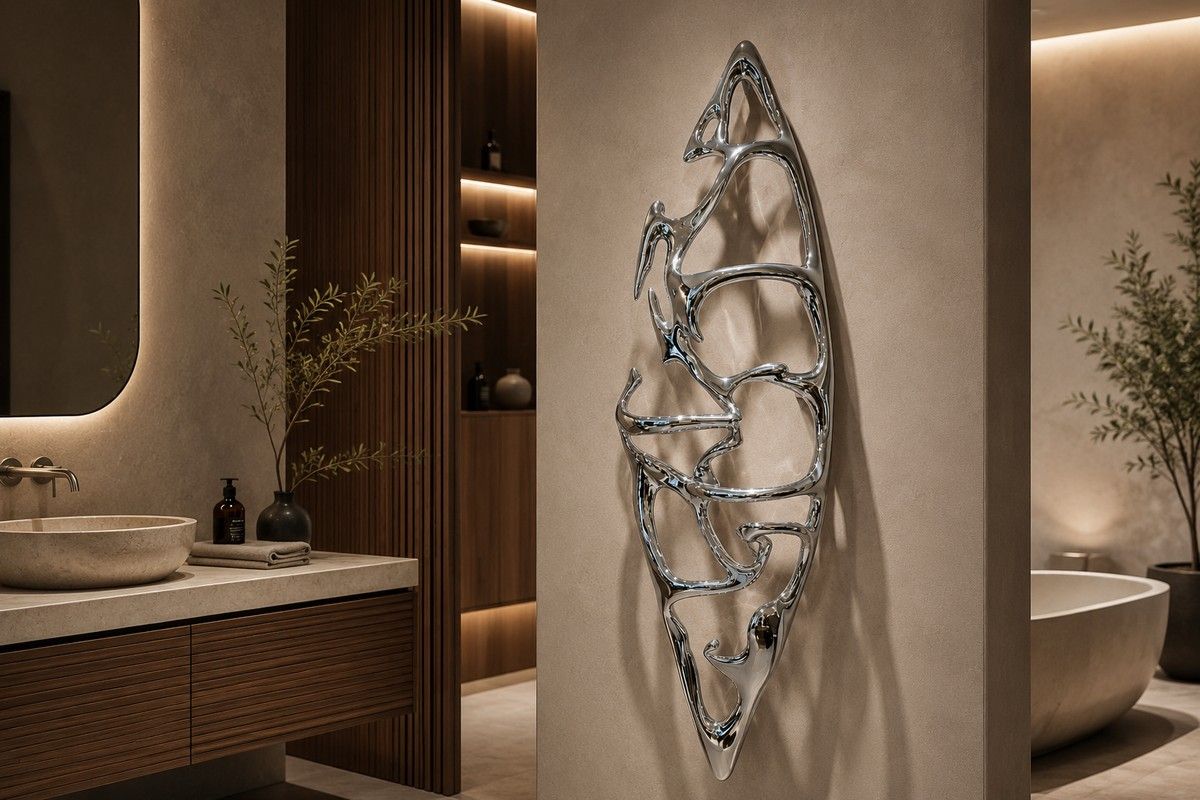 Boat Of Sage by P&Bhusri, shown as a sculptural electric heated towel warmer for design-led bathrooms.